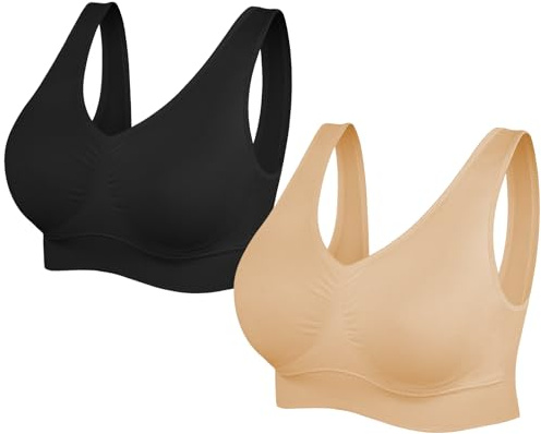 SIMIYA Super Comfort Bra, Womens Sports Bras Removable Pads Plus Size Sleep Bras for Girls in Yoga Bralette Leisure Stretch Crop Tops Vest (M, 2 Pack Black+Beige)