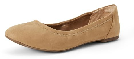 Amazon Essentials Women's Comfortable Round Toe Ballet Flats, Cushioned Memory Foam, Tan Microsuede, 8.5