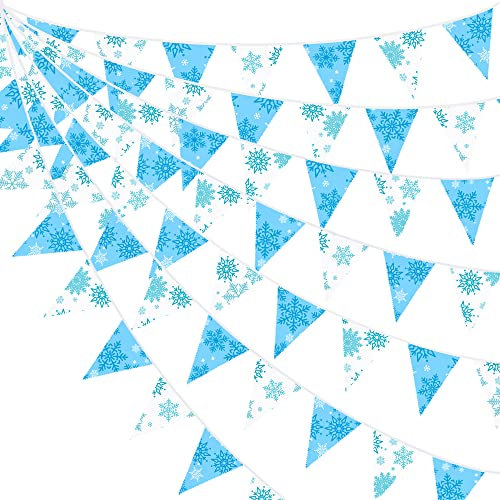 32Ft Blue White Snowflakes Bunting Banner Party Decorations Fabric Snowflakes Triangle Flag Pennant Garland for Christmas Winter Wonderland Frozen Birthday Wedding Baby Bridal Shower Decorations