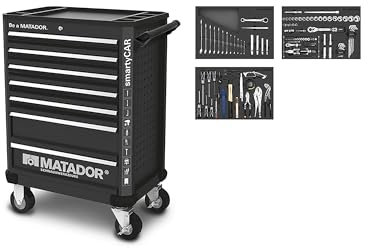 MATADOR Ratio Werkstattwagen bestückt | smartyCar 150-teiliges Werkzeug Set | inkl. Steckschlüsselsatz & Bit Set, Schraubenschlüssel Set & KFZ Werkzeug | MATADOR Werkzeug Nr. 81639150