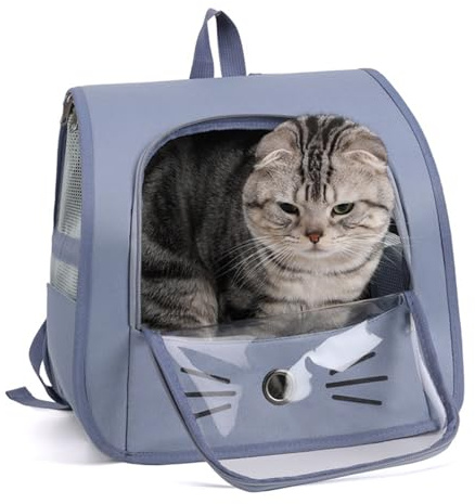 Sac Transport Chat, Sac à Dos de Transport pour Petits Chats et Chiens, Sac à Dos pour Animal de Compagnie en Maille, Caisse de Transport Chat Portable et Pliable Espace pour Voyage Camping (Blue)