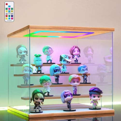 AZEYN Acryl Vitrine mit RGB LED Beleuchtung für Modellautos Figuren, 3/4/5/6 Stufen Mehrfarbige Licht Staubschutz Schaukasten für Sammlerfiguren (Holz, 5 stufen, 32x31x30cm)