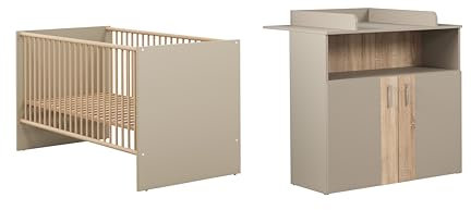 trendteam smart living - Berry - Babyzimmer Komplett-Set - Beige/Eiche - modernes Babyzimmer-Set bestehend aus Babybett und Wickelkommode - Bett höhenverstellbar von 19 auf 51,8 cm