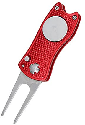 Veemoon Golf Divot Repair Tool Ball Marker, Stainless Steel Foldable Pitch Fork, Red Golf Accessory for Putting Green and Course Repair