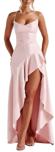 Vestido de Fiesta de satén con Volantes para Mujer, Largo con Hombros Descubiertos y Abertura, Elegante Vestido de cóctel (Pink,S)