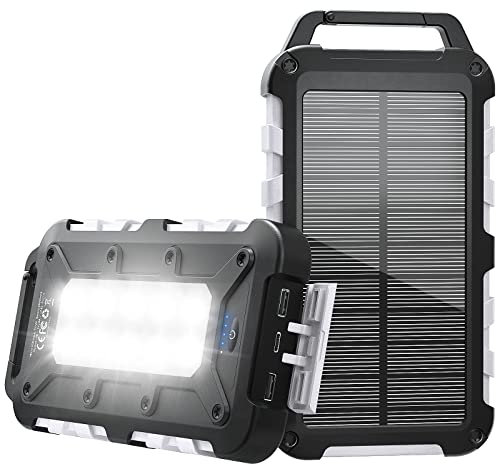 Cargador Solar 26800 mAh Power Bank Solar, Bateria Externa con Carga Rápida 15 W Impermeable IPX4 2 Puertos USB + Linterna LED Compatible con Smartphones Tablets Camping y Emergencias Gris