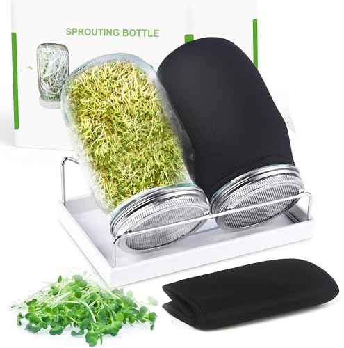 Kit de pots de germination de graines biologiques – 2 bocaux Mason à large ouverture de 947,2 g avec couvercles à germination en acier inoxydable et support, manchons occultants, plateau de drainage