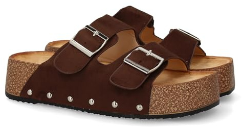 94421 Sandalia de Plataforma para Mujer, Comodas y Elegantes, con Planta Anatomica, diseno moderno con detalles metalicos y Cierre de Hebillas, Ideales para Primavera Verano. Marron Talla 41