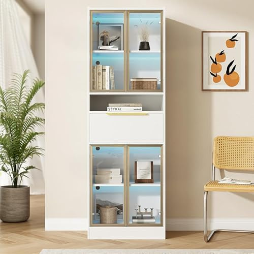 Vetrina con illuminazione a LED e USB, vetrina mensola in piedi con 4 ante in vetro e mensole, armadio da collezione moderno in bicchieri a 1 cassetto, LED armadio a mobile per soggiorno ufficio