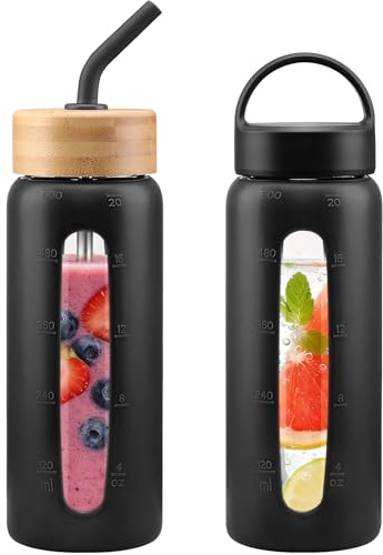 HYDRAGLAZIC Bouteille d'eau en Verre, Gourde en Verre Hermétique 600 ml et 2 Couvercles, Gourde Réutilisable en Verre Borosilicate, Sans BPA, pour Enfant, Adulte Fitness, Maison, Bureau, Noir