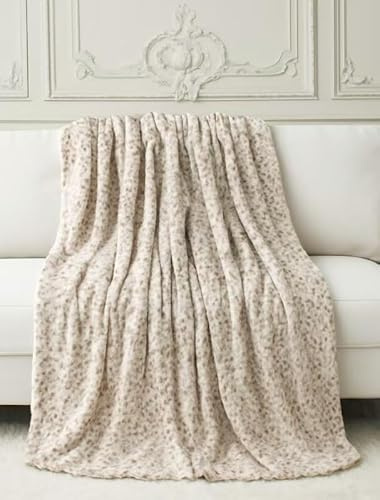 VIBELL Couverture Moelleuse en Fausse Fourrure Léopard, Plaid Doux et Chaud pour Canapé, 180 x 200 cm, Beige et Blanc