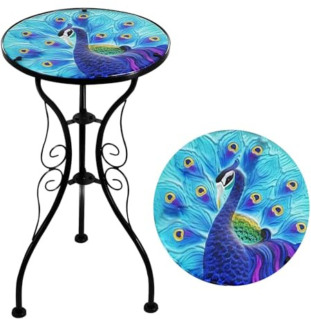 GEEZY Mosaic Garden Table – Blue Peacock Design, Weatherproof Glass & Iron, Small Round Outdoor Patio Coffee Versatile Bistro Side Table Plant Stand for Home & Gift, 30.5 cm Garden Tables Only