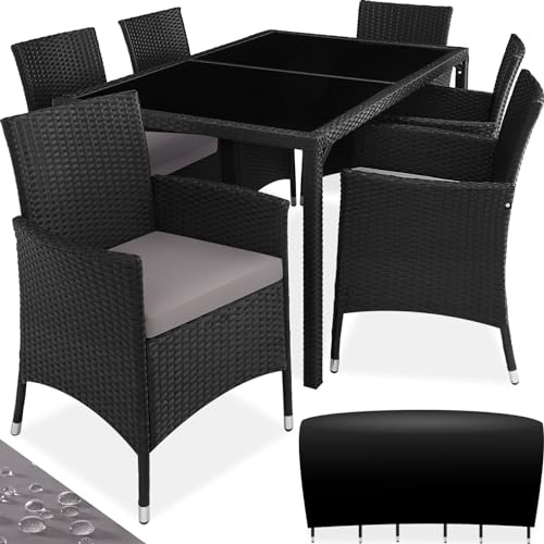 tectake® Matgrupp 6 Stolar, Rottingmöbler, Balkongbord, Rottingstolar, Modern Design, Avsedd för Trädgården, Balkongen, Terrassen, Variabelt Inställbar, Mjuka Avtagbara Dynor - Svart/Grå