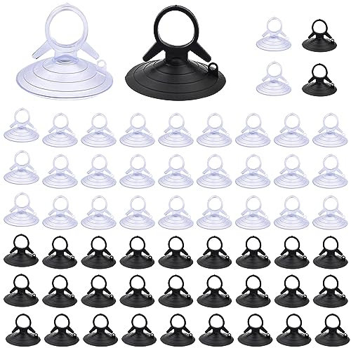 Vueinrg 60 Pièces Ventouse 45mm, Ventouses en PVC Transparent et Noir Sans Crochets, Mini Forte Adhérence Ventouse, Ventouse Vitre pour Pare Soleil de Voiture Cuisine Salle de Bain Mur Miroir