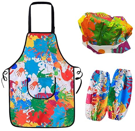 ATBUSS Grembiule impermeabile 1 pezzo con maniche e tappo, grembiule regolabile per pittura, set per bambini, fai da te, cucina, Colori misti