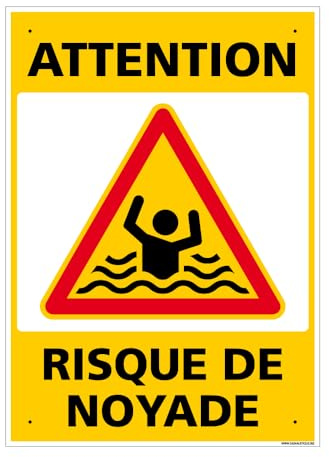Signalétique.biz France, Panneau Attention, Risque De Noyade PVC 1 mm, 30 x 42 cm (300 x 420 mm) Signalisation Rectangulaire Prépercée Avec Kit De Fixation Fabrication Française