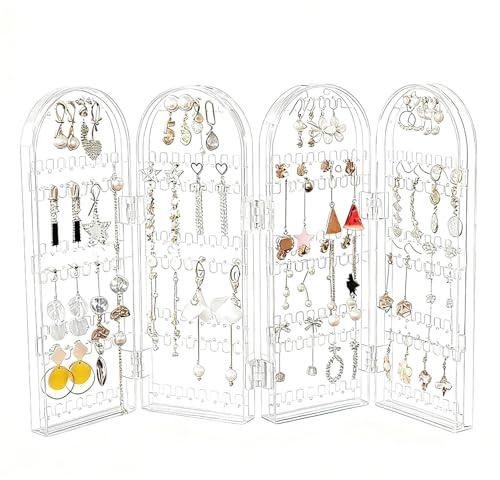 Himilucky Jewellery Organiser, Earring Storage Organiser, Clear Acrylic Jewellery Stand with 240 Hooks & 4 Folding Panels, Multi-Purpose Jewelry Stand, Earring Display Stand for Woman