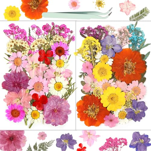 Dried Flowers, Resiners 58Pcs Pressed Flowers for Resin Soap Candle Scrapbook Supplies Card, Pink Real Natural Dried Flowers Dry Leaves Kit for DIY Papper Crafts Making Jewelry Decor