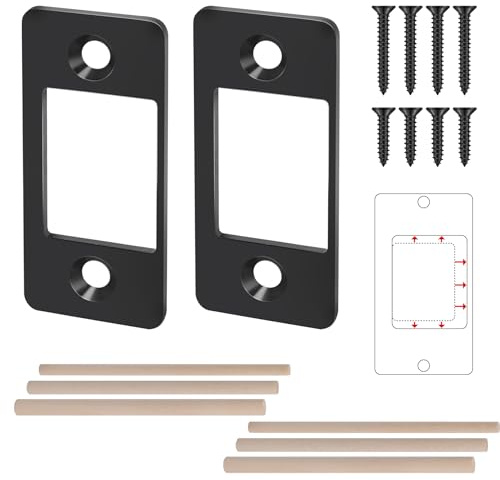 2 Pk Upgrade Large Hole Deadbolt Restorer Strike Plates, Stainless Steel Round Corner Latch Strike Plate with Wood Dowel Strips,Universal Backplate for Home Door Easy Repair Misalignment（Matte Black）