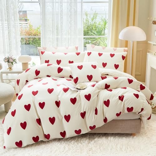 Covebett Flanell Bettwäsche 135x200 Herzen Rot Weiß Winter Biber Plüsch Wende Winterbettwäsche 2teilig, Warme Flauschig Cashmere Touch Bettbezug und 1 Kissenbezug 80x80 mit Reißverschluss