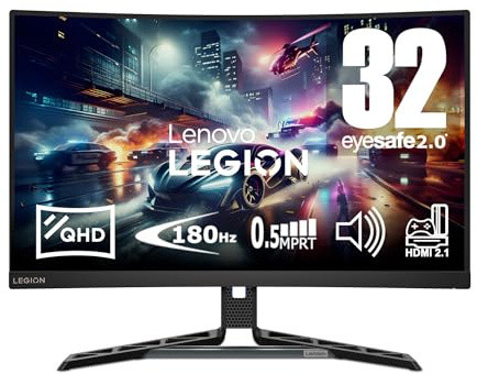Lenovo Legion R32qc-30 - Écran Gaming de 31.5 Incurvé avec Eyesafe (QHD, VA, 180Hz, 0.5ms, HDMI+DP, Cable DP, AMD FreeSync, Haut-parleurs) Réglage en Inclinaison - Noir