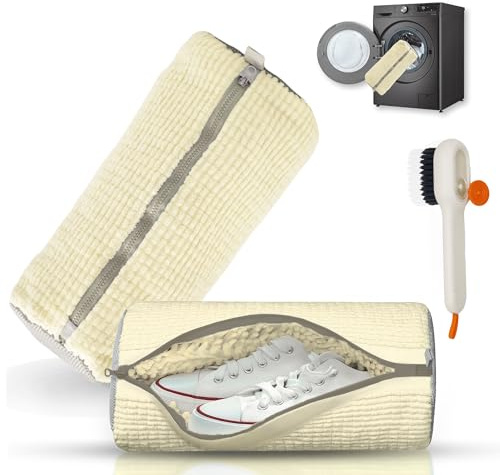 Shoe Washing Machine Bag – 2 Pcs Reusable Laundry Shoe Bag, 360° Deep Cleaning Sneaker Washing Bag, Durable Mesh Net with Zipper Protection, Fits All Shoe Types & Sizes (White, 14.8 × 7.4 Inches)