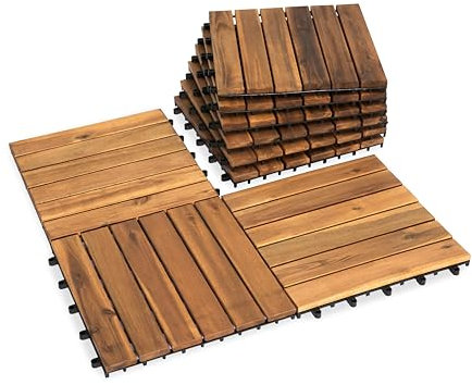 VICTORY RELAX Natural Acacia 12x12 Interlocking Wood Deck Tiles for Balcony, Garden, Patio, Poolside Decor - Waterproof Indoor & Outdoor Flooring - 6 Slats, Round Joints, Pack of 9, Natural Color