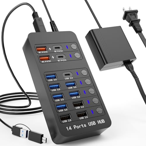 Zeroffi Powered USB Hub, 14 Ports USB Splitter Hub (10 Faster Data Transfer Ports+ 4 Smart USB Charging Port) USB Hub with LED Individual On/Off Switches for PC, Laptop, Desktop
