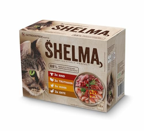 Shelma Katzen-Nassfutter Fleisch Multipack mit den Sorten Rind, Truthahn, Huhn und Ente – Getreidefreies Alleinfuttermittel mit hohem Fleischanteil – 12 x 85 g (1,02 kg)
