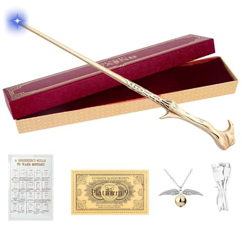 PLLYPE Varita mágica, 38 cm, varita con luz, realista, con carga USB, hoja de proverbio, collar para estación, accesorios para brujas y magos, cosplay y carnaval