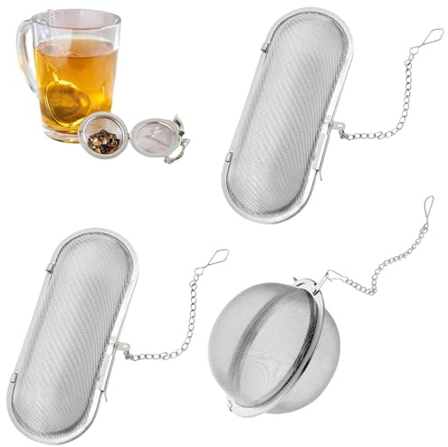 VIVIIHOO Pallina speziata Cucinare, 3 Pezzi di colino per tè in Acciaio Inox con Catena, colino speziato e Uovo speziato per tè Sfuso e spezie (ellittica e Rotonda)