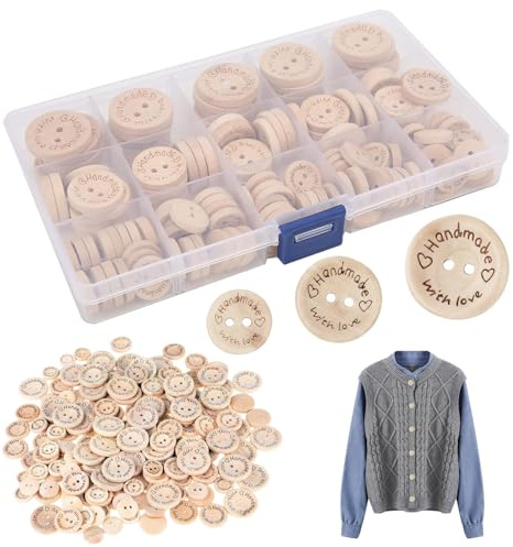 HORREX 140 stycken träknappar, naturliga träknappar, rund formsknapp, knappar, blandade storlekar, 15 mm, 20 mm, 25 mm, till liten rund knapp med 2 hål för sömnad, gör-det-själv hantverk, dekorationer