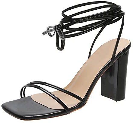 Romersandaler dam snörning, remsandaler dam med klack, svarta sommarsandaler, blockklack, fritidsskor, eleganta fritidssandaler, bekväma sommarskor, kvadratiska tåhätta, sandaletter