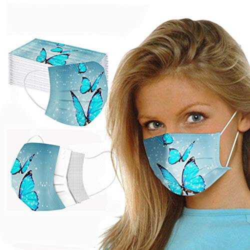 Lulupi 50 Stück Mundschutz Multifunktionstuch Schmetterling Motiv Einweg Mund und Nasenschutz 3-lagig Atmungsaktiv Mund-Nasen Bedeckung Tiermotiv Mundbedeckung Halstuch Outdoor Gesicht Schild