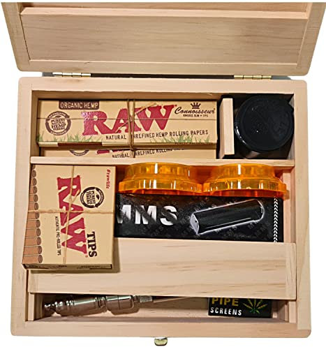 Zactly Exclusive 9 in 1 Smokers Wooden Rolling Box Kit Collection with King Size Raw Papers + Roach, KS Rolling Machine, Pre-Rolled Tips, Mini Plastic Storage Box, Crusher, Smoking Pipe & Steel Mesh