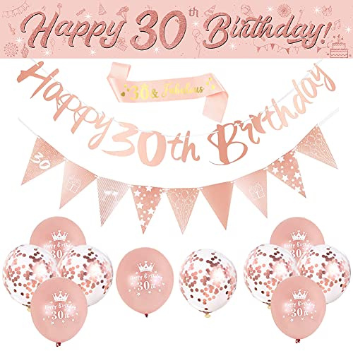 DEARLIVES 14 Pieces 30th Happy Birthday Decorations,Rose Gold Party Supplies Including Banners Straps Triangle Flag Bunting Confetti Latex Balloons (30th Birthday)