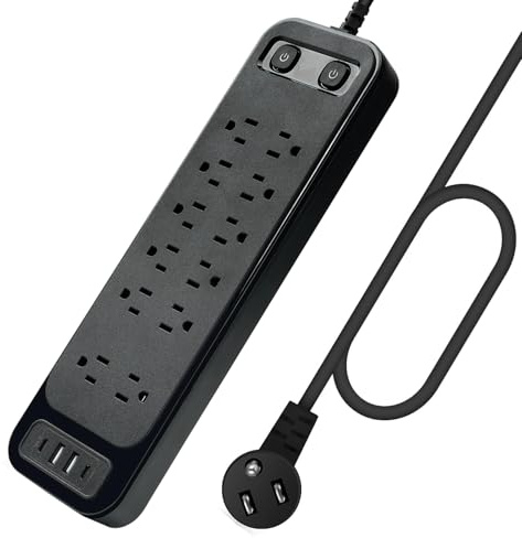 10FT Power Strip with USB Ports Extension Cord, 12 Outlets and 2 USB & 2 USB-C Port(5V 3.1A),Bold Extension Cord with Fuse Surge Protected Flat Plug Power Strip for Home Office (Black)