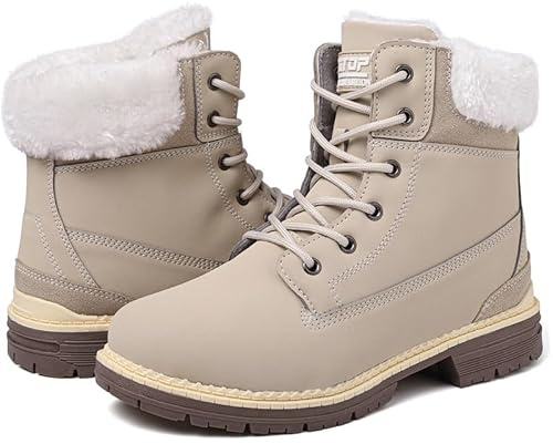 ziitop Bottes Hiver Femme Bottines Randonnée Bottes de Neige Imperméable Boots Courts Plates Lacets Chaud Fourrure Bottines Trekking Outdoor Boots Beige, 39 EU