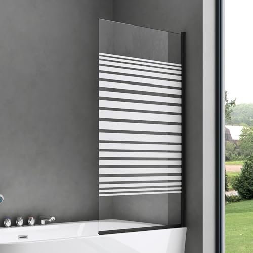 doporro Cortona201MS Designer Shower Screen for Bathtub 80 x 140 cm Black Shower Enclosure ESG Safety Glass in Frosted Glass Stripes Including Nano Coating Folding Bath Screen