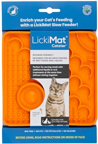 LickiMat Catster Cat Food Mat - Cat Slow Feeder with Micro Dish for Added Hydration - Perfect for Food, Treats, Yoghurt & Anxiety Relief for Cats - Fun Alternative to Slow Feeder Cat Bowl - Orange