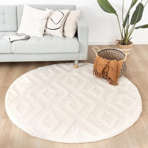 FRAAI | Home & Living Teppich Skandinavisch Rund - Lova Diamond Creme - Einfarbig - Modern, Skandinavisch - Wohnzimmer, Esszimmer, Schlafzimmer - Fellteppich - Carpet