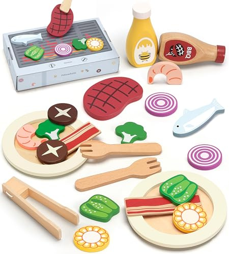 Pillowhale Set di cibo da gioco, 24 pezzi in legno per barbecue, accessori da cucina, cibo giocattolo per bambini, ragazzi e ragazze dai 3 anni in su