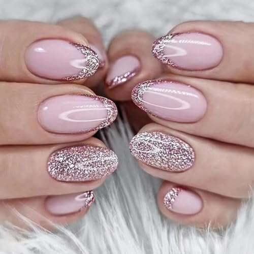 Confezione da 24 Unghie False Almond Corte, Rosa Francese, Acrylic Lucido, 12 Misure, da Applicare e Incollare per Donne e Ragazze, Feste e Fai-da-te