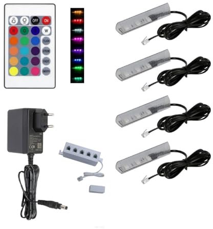 QLS Set di luci a LED RGB per bordi in vetro, 12 V, con telecomando, 16 colori, dimmerabili (nero, 4 pezzi)