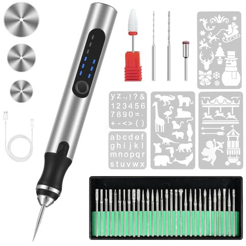 Weinsamkeit Elektrische Gravierstift, Kabellos Gravur Werkzeug Kit mit 37 Bits, USB Wiederaufladierbar Gravur Gerät Tragbar Gravurstift Multifunktionswerkzeug für Glas, Holz, Stein, Keramik, Schmuck