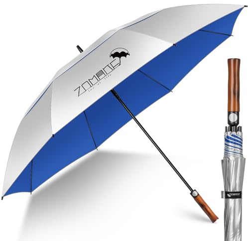 ZOMAKE UV Golf Umbrella for Sun Protection,Large Sun Umbrella Windproof and Rainproof Strong UPF 50+,Reflective Golfing Brolly with Wooden Handle 62In Unbreakable for Men Women (Silver/Navy Blue)