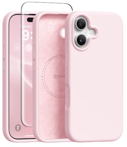 GONEZ Magnetic for iPhone 16 Case, Compatible with MagSafe, [Screen Protector + Camera Lens Protector], Liquid Silicone Shockproof Protective Phone Case for iPhone 16 6.1, Chalk Pink