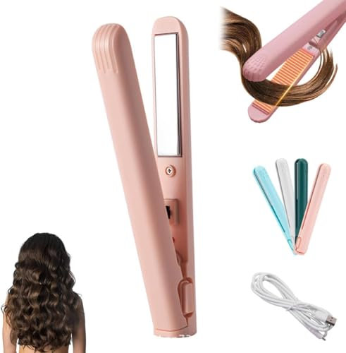 Tragbarer USB Lockenstab, Mini Lockenstab, Mit Heißschutzgehäuse, Haarglätter,Für Kurze Haare, Tragbarer Reise Haarglätter Für Alle Haartypen (Rosa)