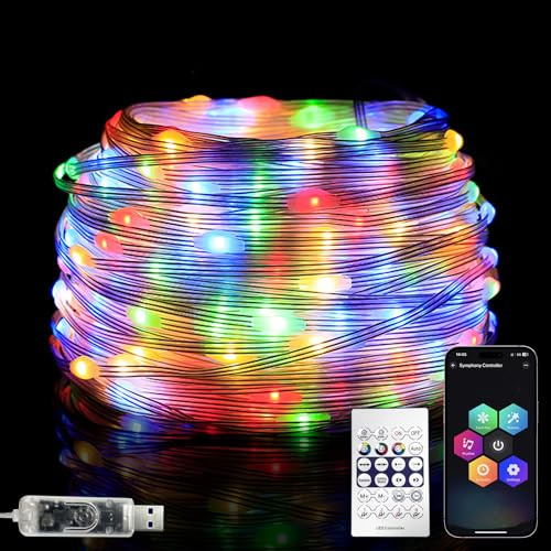 Artrastar Cadena de luces LED para exteriores, 20 m, 200 ledes, RGB, para interior, multicolor, USB, con mando a distancia, control de aplicación, sincronización de música, temporizador, IP65, para