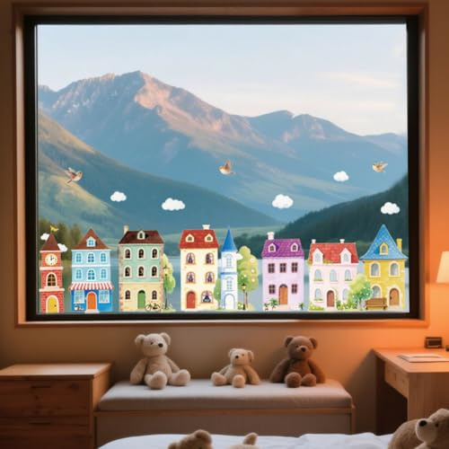 ANATTASOUL Fensterbilder Doppelseitig Haus Und Weiße Wolken Fensterdeko Wiederverwendbar Fenstersticker Blickdichter Fenster Aufkleber Deko Frühling Sommer für Wohnzimmer Badezimmer